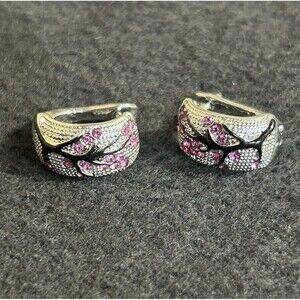 .925 Sterling Silver Cherry Blossom Huggie Hoop Pierced Earrings Pink CZ's J260